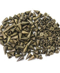 Sick 100 Sets Bronze Bullet Cone Spike Screwback Studs With Half Inch Zinc Alloy Hardware For Dope DIY Leather Crafting and Fresh Bags Jackets Belts Projects, showing bronze spikes and screws.