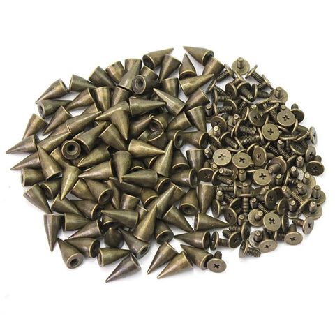 Sick 100 Sets Bronze Bullet Cone Spike Screwback Studs With Half Inch Zinc Alloy Hardware For Dope DIY Leather Crafting and Fresh Bags Jackets Belts Projects, showing bronze spikes and screws.