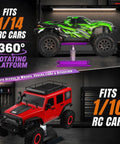 Aluminum RC Repair Stand for Ten Scale Cars With 360 Degree Rotation and Adjustable Height From Ninety to One Hundred Thirty Three Millimeters, Fits One Eighth to One Fourteenth Scale Crawlers Drifters Buggies and Trucks, shown with two RC cars