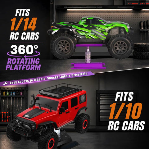 Aluminum RC Repair Stand for Ten Scale Cars With 360 Degree Rotation and Adjustable Height From Ninety to One Hundred Thirty Three Millimeters, Fits One Eighth to One Fourteenth Scale Crawlers Drifters Buggies and Trucks, shown with two RC cars