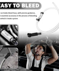 One Man Brake Bleeding Kit Hose With One Way Check Valve Clamp And Bleeder Adapter Translucent Soft Hydraulic Bleeder Hose For Cars And Motorcycles Easy Bleed With No Backflow And Mess Free shown in use by mechanic