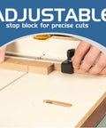 Adjustable stop block for precise cuts on a heavy MDF crosscut sled for table saw, showcasing woodworking at its best.