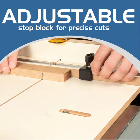 Adjustable stop block for precise cuts on a heavy MDF crosscut sled for table saw, showcasing woodworking at its best.