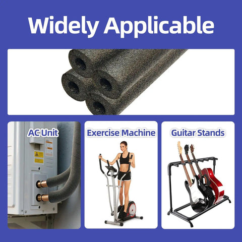 Two Pack 15.7 Inch Pipe Insulation Foam Tube With Spiral Snake Design shown with AC unit, exercise machine, and guitar stands.
