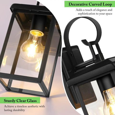 Premium Black Outdoor Wall Light Fixtures Built Different For Any Season Porch Sconces with clear glass and curved loop detail.