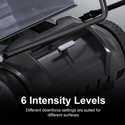 Close-up of controls showcasing 6 intensity settings on the 42 Inch Walk Behind Floor Sweeper With Dual Side Brushes And Fifteen Gallon Dustbin.
