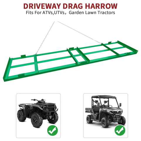 8ft Heavy Duty Drag Harrow For ATV UTV Yard Drag And Driveway Grader With 6ft Chain Gravel Leveling Tool, green steel construction