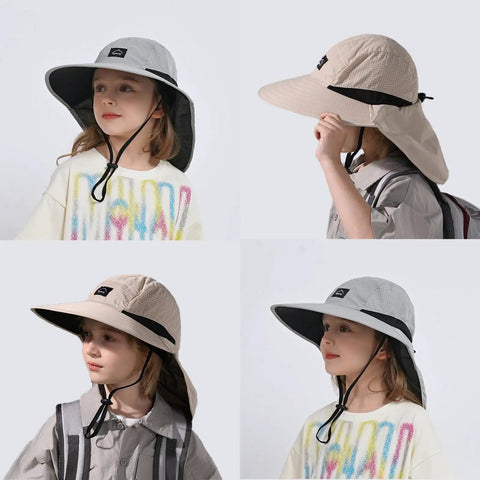 Kids Quick-Dry Sun Hat With Neck Flap UPF 50 Plus Breathable Bucket Hat For Baby Boys And Girls in light grey and beige.