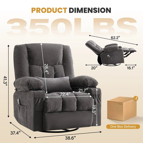 Relax In A 360 Swivel Rocker Recliner With Massage And Heat, oversized chair dimensions and delivery box shown