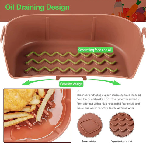 Two Pcs Silicone Air Fryer Liners 8 Inch Nonstick Reusable Parchment Paper with oil draining design showing separating food and oil