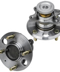 Rear Wheel Bearing And Hub Assembly Kit Two Piece With ABS Ring For Hyundai Sonata 1999 To 2005, Kia Magentis 2001 To 2006, Optima 2001 To 2006, Four Lug, 4 Bolt, 4 Wheel ABS Only, showing full assembly of two hubs with visible bolts and ABS ring.