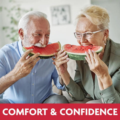 Seniors eating watermelon showcasing Secure Denture Adhesive Seals For Upper Dentures Zinc Free All Day Hold No Mess Comfort Cushioned Release Technology.