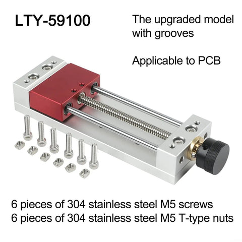 CNC Vise For Drilling And Engraving Tools With Grooved PCB Fixing Table Aluminum Alloy Body Double Guide Rod Clamping System LTY 59100 Mini Vise Kit Ready To Mount On Drill Press CNC Machine Or Small Welding Fixture. LTY-59100 mini vise with screws and T-nuts for PCB clamping