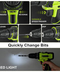 Close-up of variable speed trigger and drill bit installation on 12V Cordless Drill Set With Battery And Charger 142 Piece Homeowner DIY Tool Kit In Portable Case For Men And Women Handyman Grade Workhorse Adjustable Speed Lightweight Yet Powerful For Quick Home Projects.