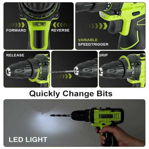 Close-up of variable speed trigger and drill bit installation on 12V Cordless Drill Set With Battery And Charger 142 Piece Homeowner DIY Tool Kit In Portable Case For Men And Women Handyman Grade Workhorse Adjustable Speed Lightweight Yet Powerful For Quick Home Projects.