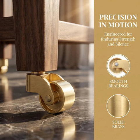 Heavy Duty Vintage Brass Swivel Caster Wheels With Cushioned Rubber Tread Set Of 4 on a wooden furniture leg.