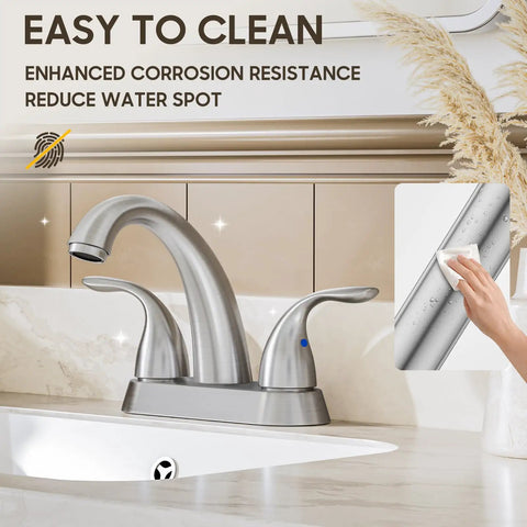 Brushed Nickel Centerset 4 Inch Bathroom Faucet For 2 Or 3 Holes Stainless Steel Dual Handle With Copper Pop Up Drain