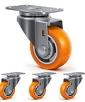 3 Inch Heavy Duty Swivel Caster Wheels Set Of Four Non Marking Polyurethane Treads On Aluminum Hubs close-up view with orange wheel.