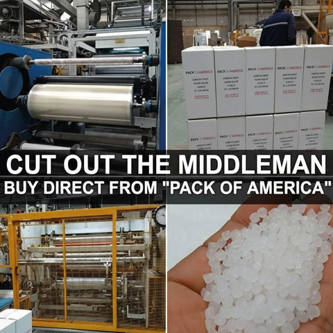 Heavy Duty Clear Stretch Wrap Bundle Four Rolls Straight Up Industrial Shrink Film 18 Inches By 1500 Feet 80 Gauge on manufacturing line.