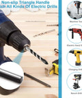 Front view of blue electric drill with twist masonry bit in the chuck