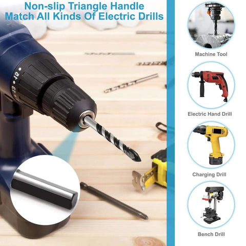 Front view of blue electric drill with twist masonry bit in the chuck