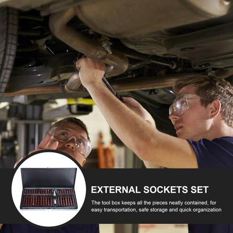 Heavy Hitter Forty Piece Star Spline External Drive Socket Set Featuring Copper Finish And Rugged Steel Case Made For Effortless Auto Repairs And Yard Gear Upkeep Built Tough To Handle Any Job Right Now in use under a vehicle.