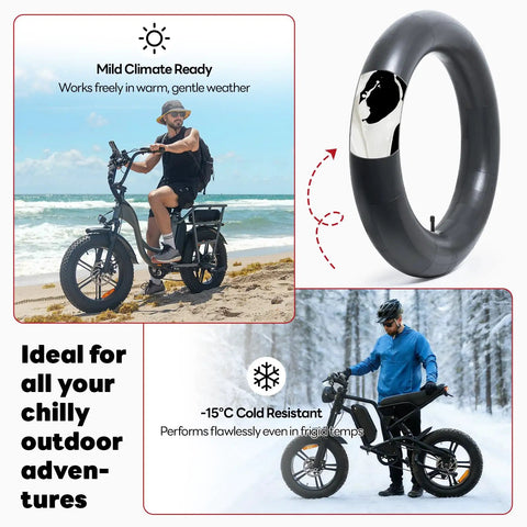 Cyclists on beach and snow with Self Sealing And Self Healing 20x4.0-4.5 Fat Bike Inner Tube With AV32mm Schrader Valve.
