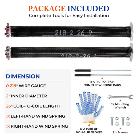Heavy Duty Pair of 2 Inch Garage Door Torsion Springs for Standard 7 to 8 Foot Doors with 0.218 Inch Wire, 2 Inch ID