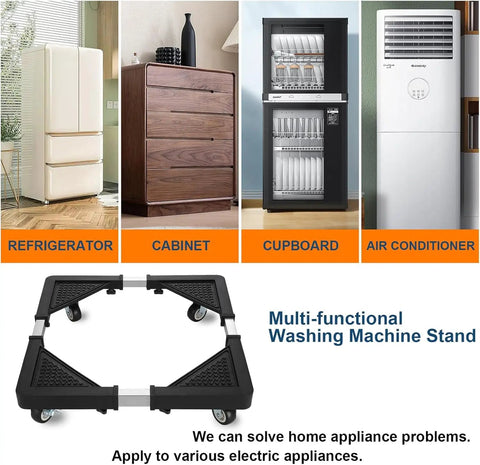 Adjustable Mini Fridge Stand With Four Locking Wheels And Heavy Duty Dolly Base for Appliances in a multi-appliance setup.