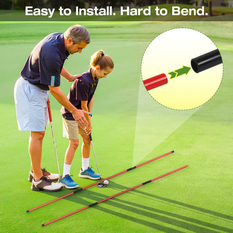 Ultimate Golf Alignment Sticks Holder With Angle Adjustable Training Aid used on green, showing easy installation and two black-red rods.