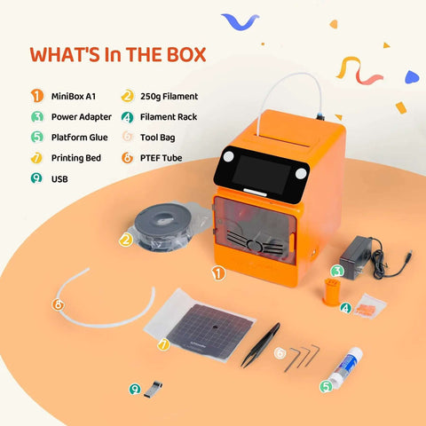 Kid Safe Mini 3D Printer With Enclosed Design, One Click Printing, WiFi And App Control unboxed with accessories like filament and tools