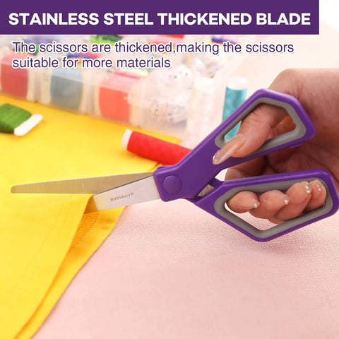 18 Pack 8 Inch All Purpose Heavy Duty Scissors For Office And School With Colorful Rubber Handles In Purple Green Yellow Orange Red Black Sharp Durable Blades For Precise Clean Cuts Great For Crafts Paperwork And Homework, stainless steel blade on fabric