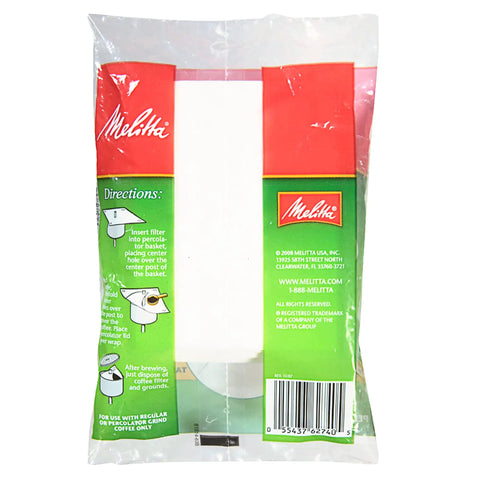 Back view of Wrap Around Coffee Filters Three 40 Count Packs Fits All Percolators Oxygen Cleansed Pulp Paper with instructions displayed