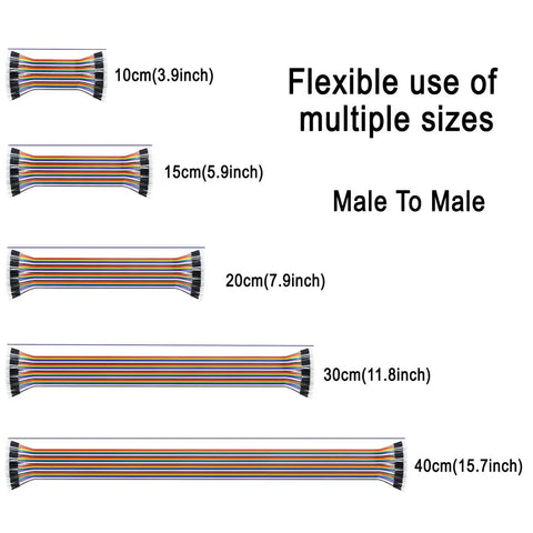 Colorful Breadboard Jumper Wires Kit 120 Pcs 40 Pin Dupont Cables M-F M-M F-F 10 15 20 30 40 Cm Great For Prototyping With Arduino Projects And Other Microcontroller Setups For Hobbyists And Professionals, flexible Male to Male wires displayed in various lengths from 10cm to 40cm.