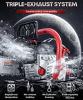 Gas Powered Chainsaw With Dual 18 And 20 Inch Bars, 63Cc 3.7HP Two Stroke Engine on moon surface with icy air effect