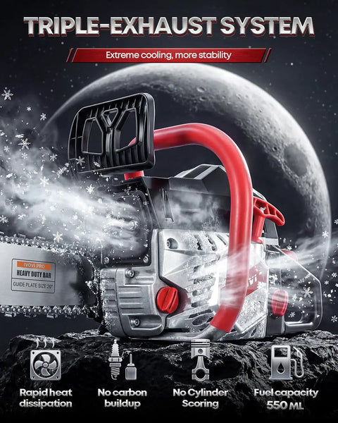 Gas Powered Chainsaw With Dual 18 And 20 Inch Bars, 63Cc 3.7HP Two Stroke Engine on moon surface with icy air effect