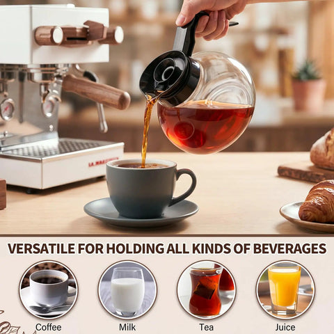 Pro Level Thermal Resistant Glass Coffee Pots 4 Pack 10 Cup 57 Oz Replacement Carafes For Commercial Brewers With Slick Black Handles pouring coffee into a cup.