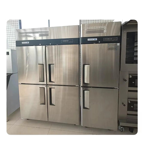 Go-To Commercial Upright Freezer Fridge, Slick Stainless Steel Four Door Cold Storage Cabinet, side view of two units.