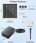 Components of Solar Pond Aerator with Battery Backup including air pump, solar panel, air stones, air tube, and ground stake