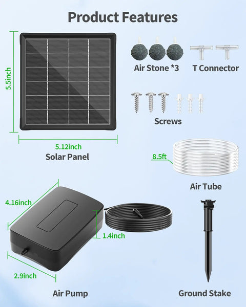 Components of Solar Pond Aerator with Battery Backup including air pump, solar panel, air stones, air tube, and ground stake
