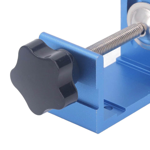 Close-up of 46 Piece Pocket Dowel Hole Jig Kit with Aluminum Alloy Guides, showing a black knob and screw mechanism for adjustments