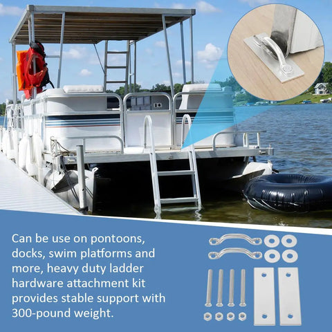Heavy Duty Marine Dock Ladder Hardware Kit For Boats And Pontoons Slick 2 Pack Mounting Kit shown attached to pontoon boat.
