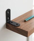 Beefy Heavy Duty L Shaped Corner Braces Set, 20 Pcs Metal Shelf Mount Brackets installed on wood shelf, right angle view, two sizes.