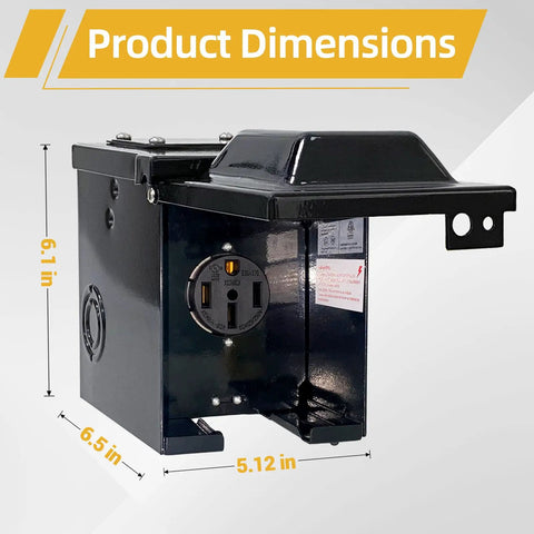 Waterproof Lockable Enclosed Power Panel Box With 50 Amp 125 250V RV 14 50R Outlet, side view showing dimensions