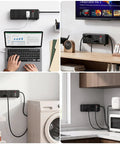 Heavy Duty Metal Power Strip Featuring Six Hella Durable Outlets And Big Time 3000 Joule Surge Protection For Computers Tools And Home Gear Along With A Smooth Six Foot Black Cord mounted in various home settings.