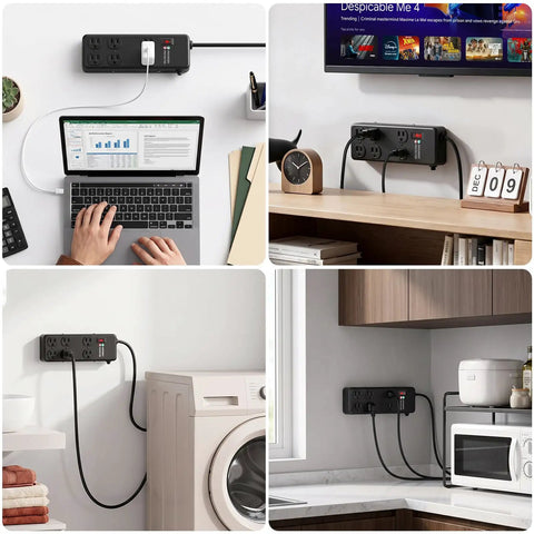 Heavy Duty Metal Power Strip Featuring Six Hella Durable Outlets And Big Time 3000 Joule Surge Protection For Computers Tools And Home Gear Along With A Smooth Six Foot Black Cord mounted in various home settings.