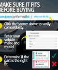 Amazon Confirmed Fit compatibility check instructions with vehicle make and model selection process displayed on screen.