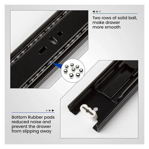 Premium Side Mounted Ball Bearing Drawer Slides 12 Inch Full Extension Steel Hardware showing solid ball rows and rubber pads.