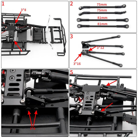 Aluminum Alloy 4 Link Kit Rear Axle With Panhard Bar Upgrade For 1/10 TF2 Trail Finder 2 RC Crawler Car That Converts The Factory Leaf Spring To A Stable 4 Link Suspension For Improved Handling Durability And Easy Bolt On Fit, 75mm links