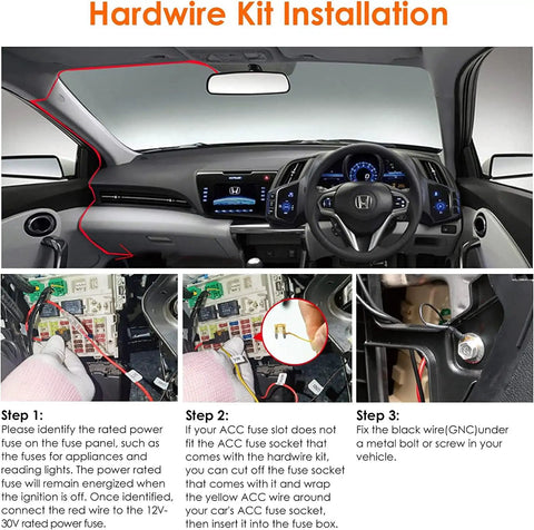 Go-To Dash Camera Hardwire Kit installation in car showing Type C USB power setup with 3-step guide images.